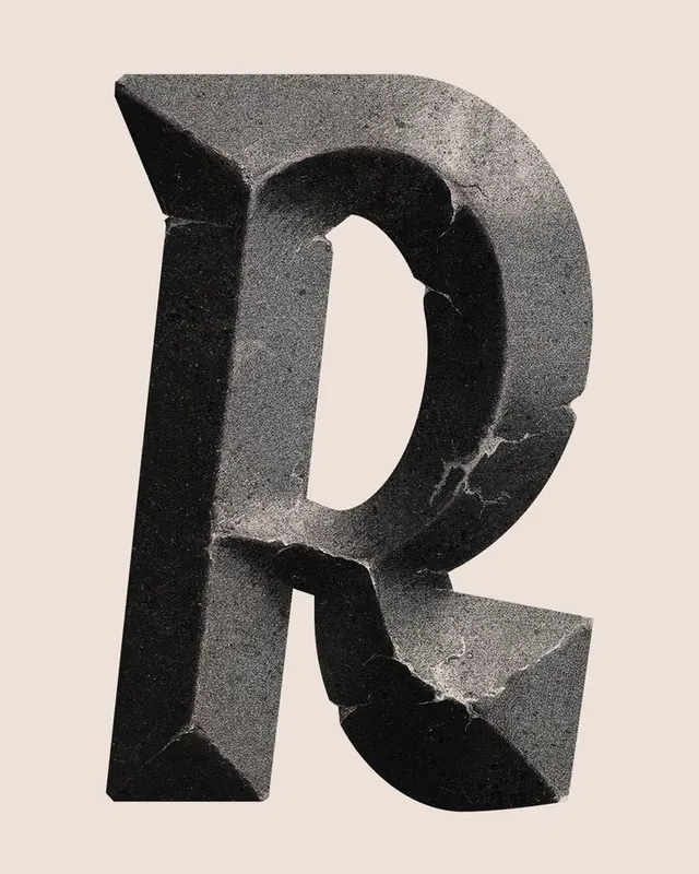 3D Sculpted Letter R, brutalist, geometric, monochrome