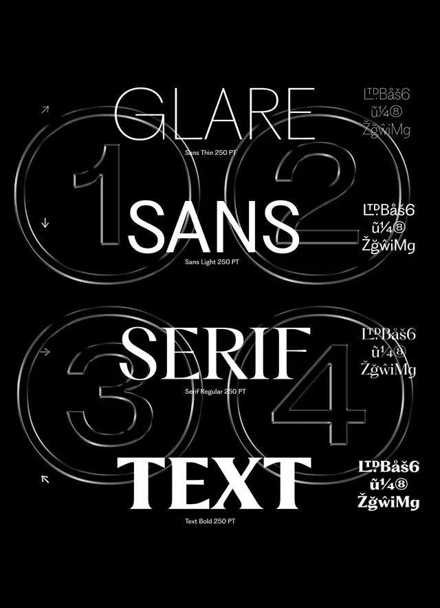 Glare Sans and Serif Text Type Specimen, technical, minimal, monochrome