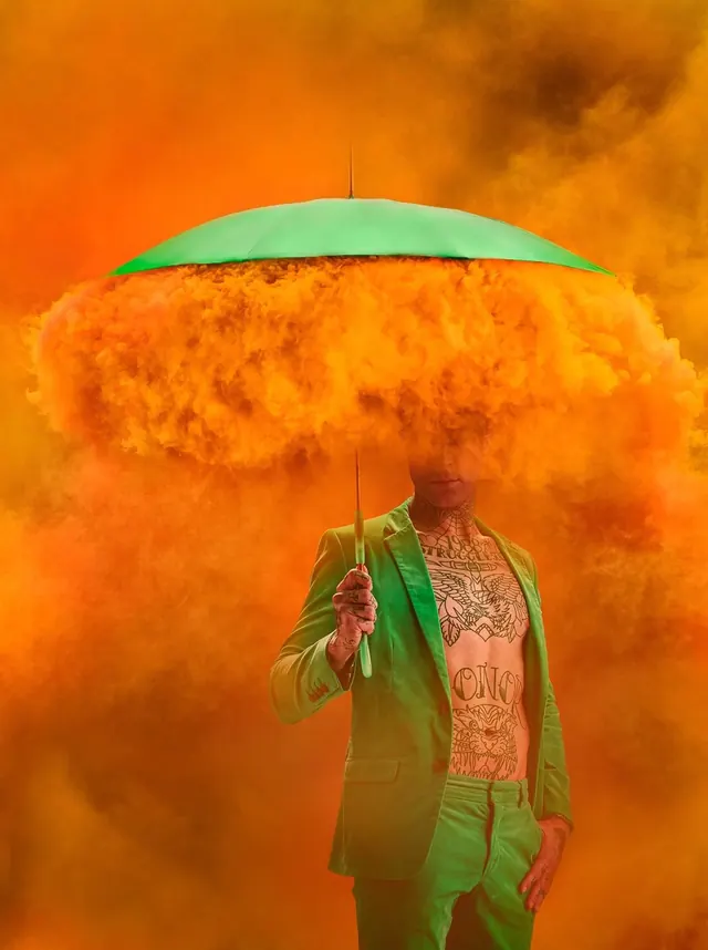 Surreal Figure with Umbrella, abstract, maximalist, vibrant