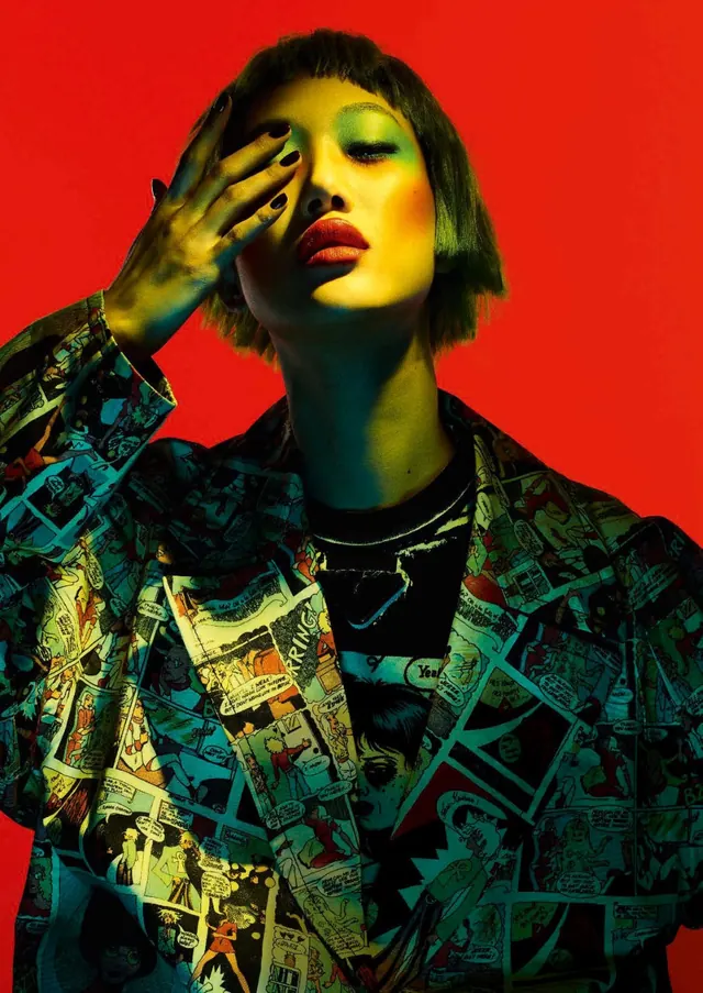 Collage Portrait with Patterned Jacket, maximalist, abstract, vibrant