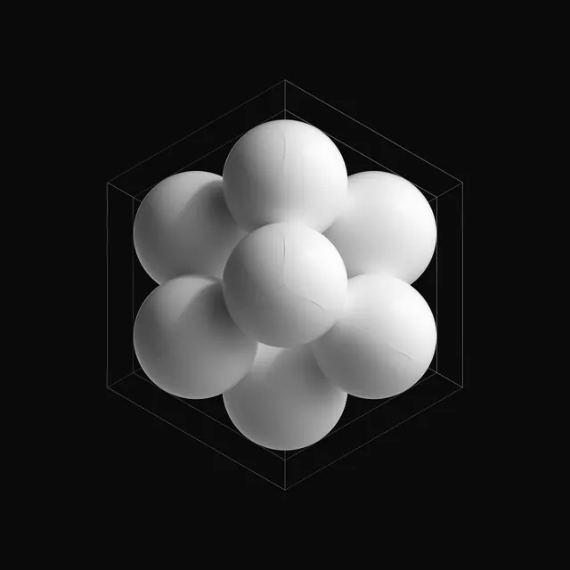 3D Sphere Cluster in Hexagon, minimal, geometric, monochrome