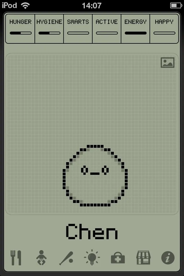 Wellness tracker with emotion pixel art and bar gauges, minimal, flat, light