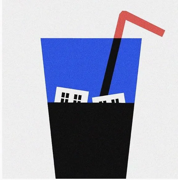 Constructivist cocktail glass with architecture, minimal, geometric, dark