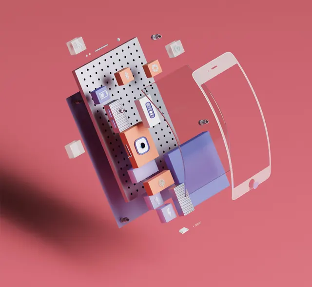 Isometric Hardware Component Assembly, 3d-render, technical, vibrant