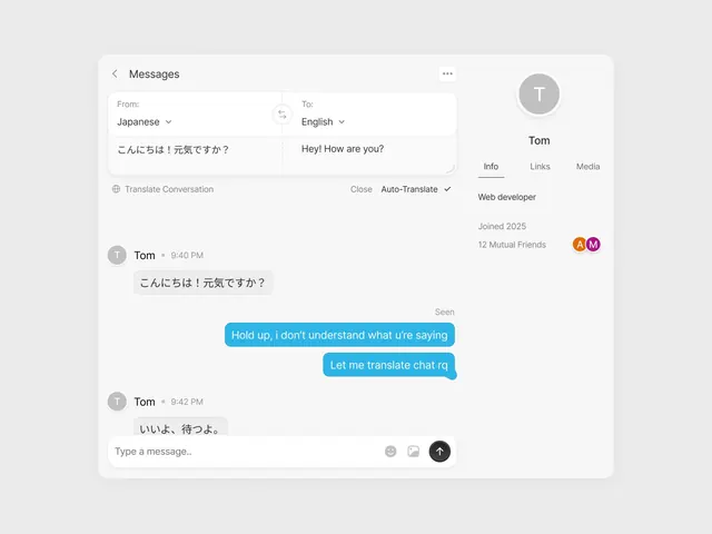 Bilingual messaging UI with real-time translation, minimal, light-mode, light