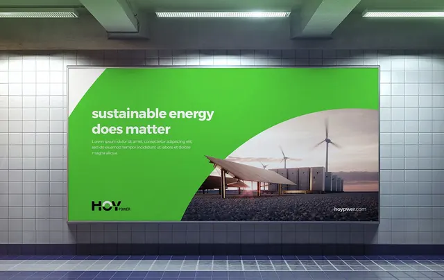 HOY Power billboard with wind turbines and green wave, corporate-clean, minimal, light