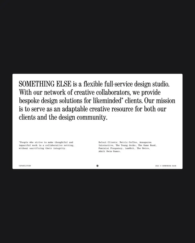 Design studio mission statement on monochrome card, minimal, corporate-clean, dark
