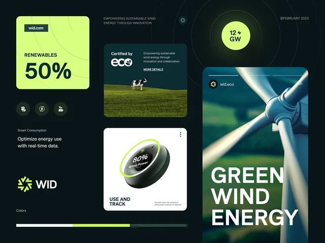 Renewable energy design system with neon accents, minimal, corporate-clean, dark