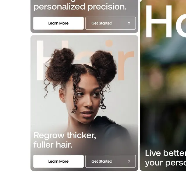 Hair restoration mobile UI with dual CTA buttons, minimal, photographic, light