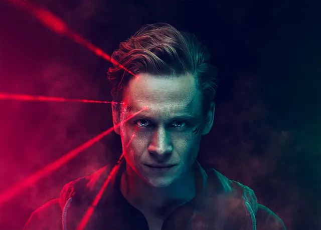 Cinematic Portrait with Laser Effects, dark-mode, photographic, dark