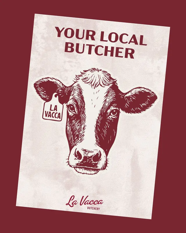 La Vacca butcher-shop poster, retro, line-art, light