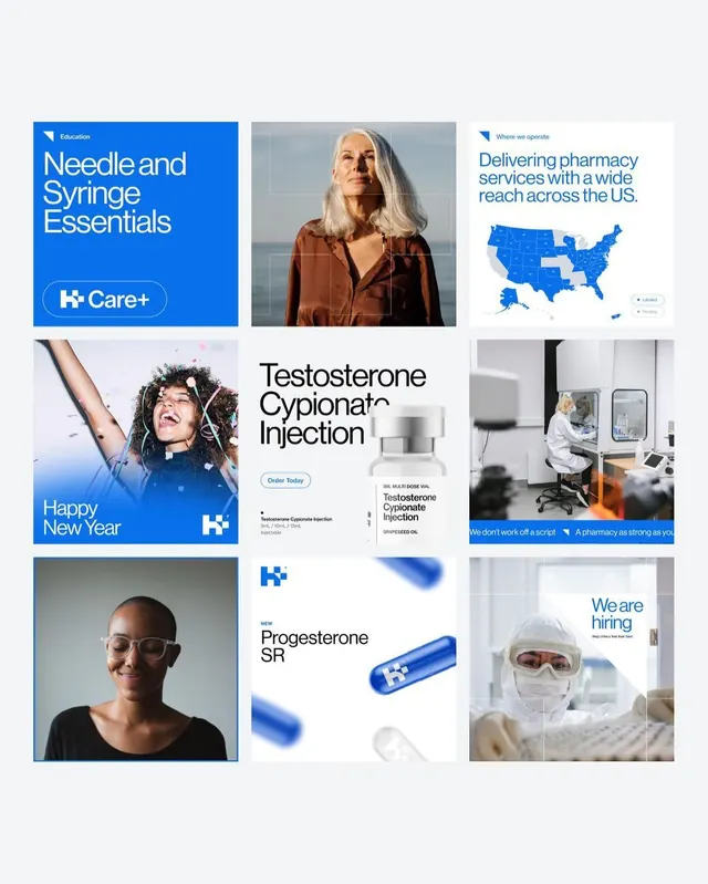 Healthcare brand K+ portfolio grid with photography, minimal, corporate-clean, light