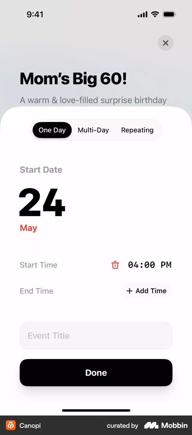 Event creation form with tab toggles, minimal, flat, light