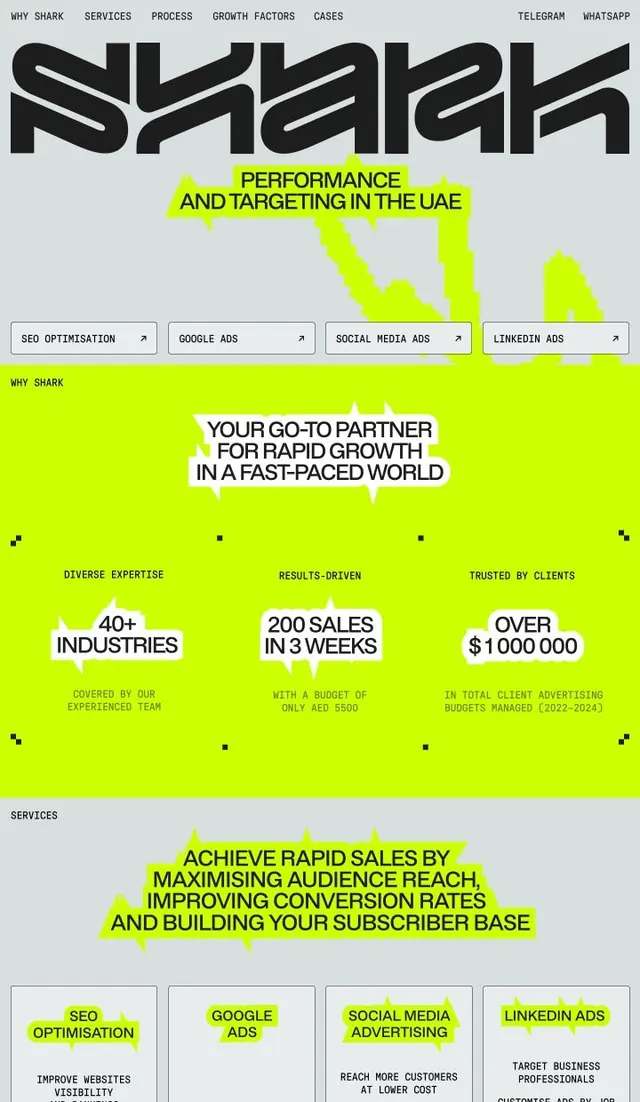 Shark digital marketing page with neon highlights, corporate-clean, minimal, dark