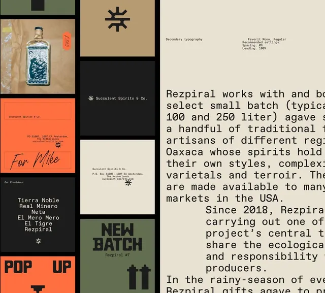 Rezpiral mezcal brand guide collage, minimal, editorial, dark