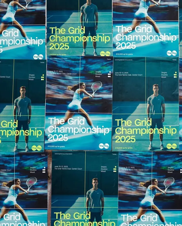 The Grid Championship 2025 sports event poster grid, gradient-heavy, technical, cool