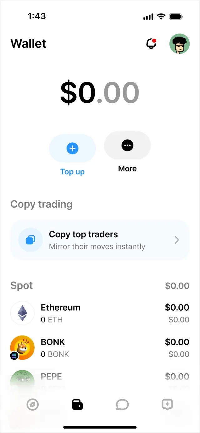 Crypto wallet interface with copy-trading and spot trading tiles, minimal, light