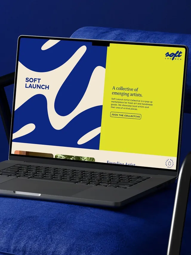 Soft Launch brand identity on laptop display, minimal, geometric, dark