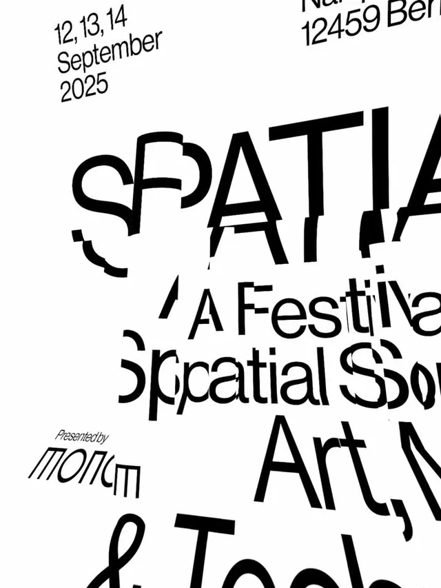 Spatial festival poster with deconstructed typography, brutalist, neo-brutalist, dark