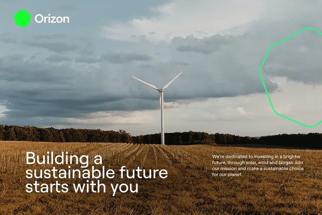 Sustainability brand hero with wind turbine, minimal, corporate-clean, earthy