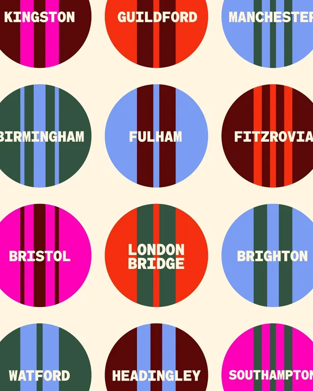 City identity badges with vertical stripe pattern, geometric, minimal, vibrant