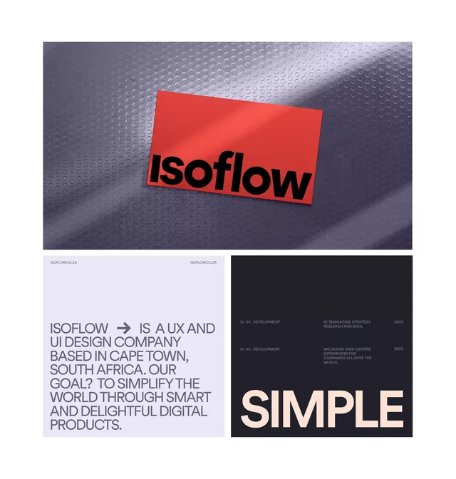 Bold red logotype on textured mockup, minimal, corporate-clean, dark