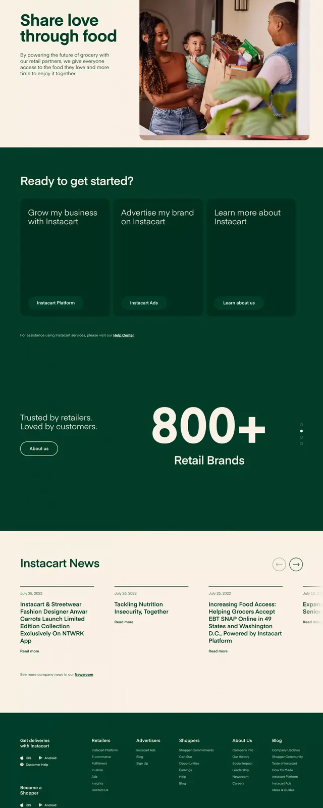 Instacart brand landing page, minimal, corporate-clean, light