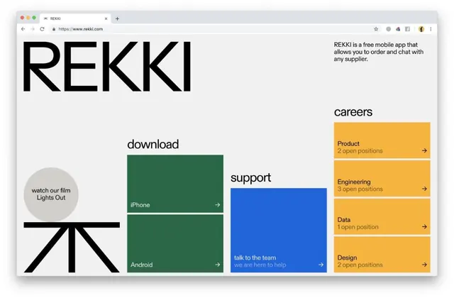 REKKI careers page: color-blocked service categories, minimal, flat, light