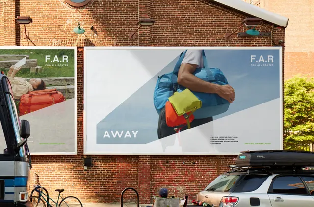 Minimal outdoor billboard with split brand and product, minimal, technical, light