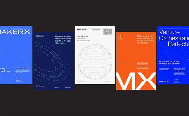 Venture deck with blue-and-orange slide system, minimal, geometric, dark
