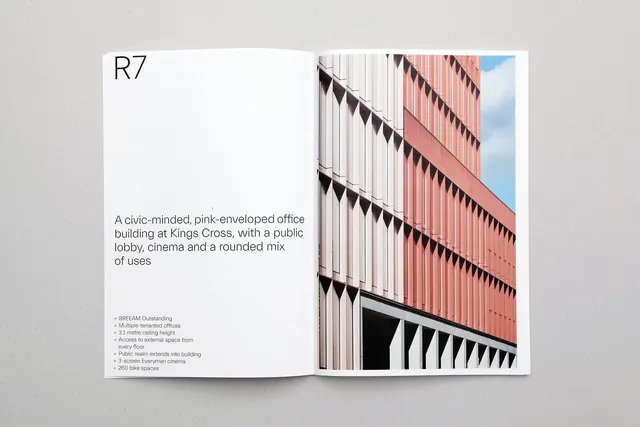 R7 architectural branding spread with pink office tower and specification layout, minimal, corporate-clean, light
