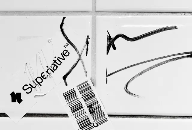 Superlative Wordmark and Graphic Elements, minimal, brutalist, monochrome