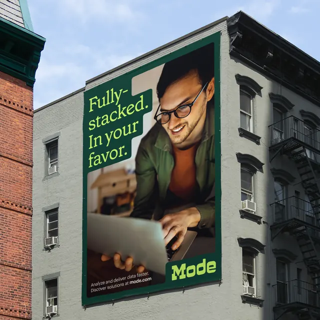 Mode data platform billboard, corporate-clean, photographic, dark
