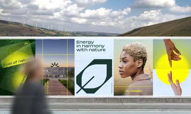Energy-brand billboard campaign with geometric icon and natural imagery, minimal, corporate-clean, cool
