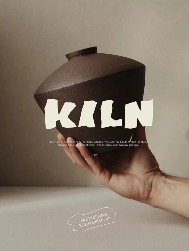 Kiln studio pottery branding with oversized logotype and hand-held ceramic, minimal, organic, light