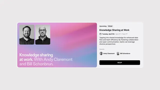 Event card with gradient hero and split layout, minimal, corporate-clean, light