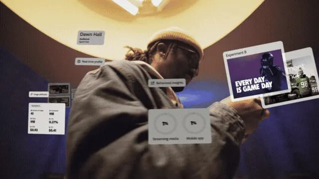 AR interface composition with warm and cool tones, dark-mode, 3d-render, dark