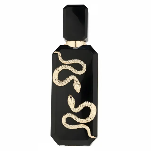 Black glass perfume bottle with gold serpent motif, minimal, luxury, dark