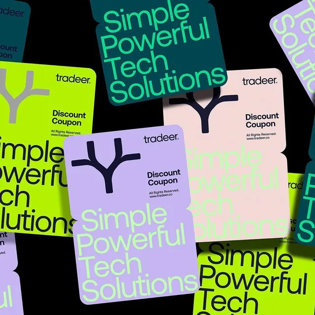 Tradeer tech discount coupon collage with neon accents, minimal, flat, dark