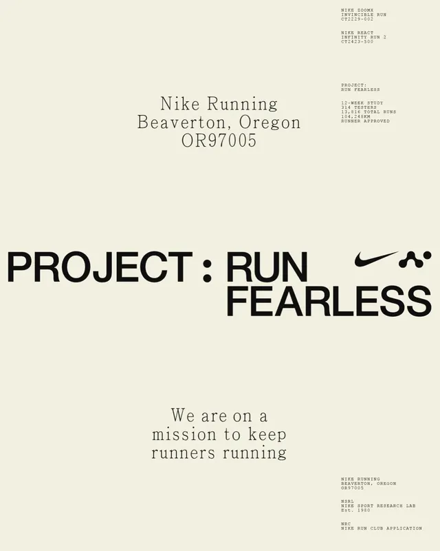 Nike Run Fearless research lab poster, minimal, corporate-clean, light
