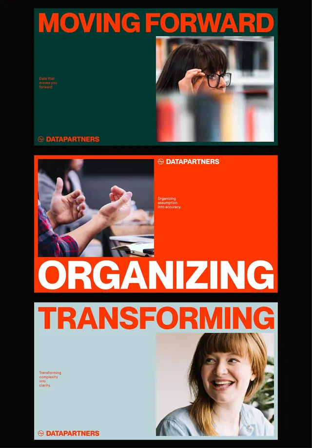 DataPartners conference card grid with color blocking, geometric, corporate-clean, dark