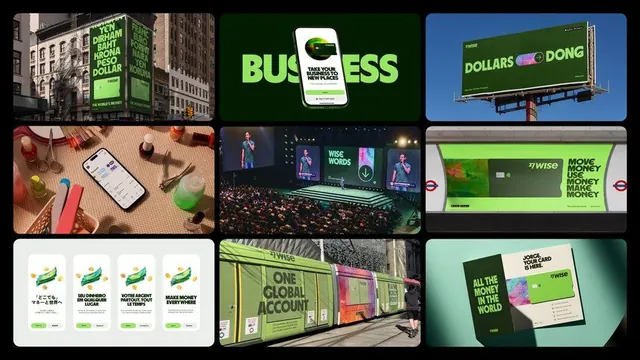 Fintech brand collage with neon-green accents, corporate-clean, dark