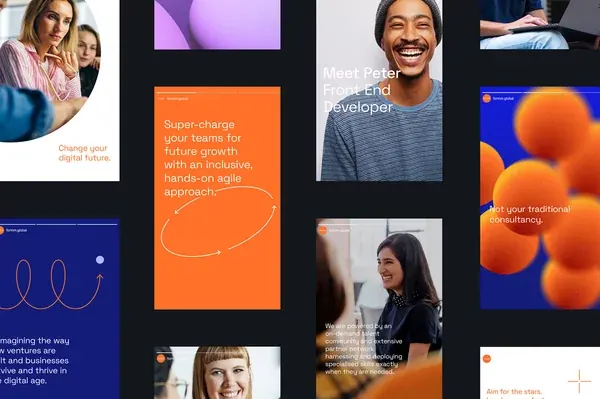 Portfolio grid with color blocks and portraits, minimal, corporate-clean, light