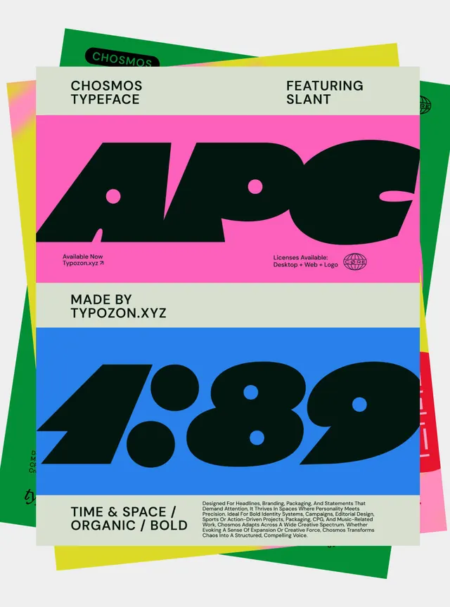 Chosmos typeface specimen poster, geometric, playful, vibrant