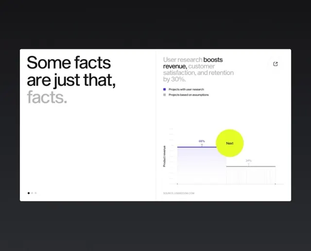 Research impact metric slide with lime accent circle, minimal, data-dense, muted