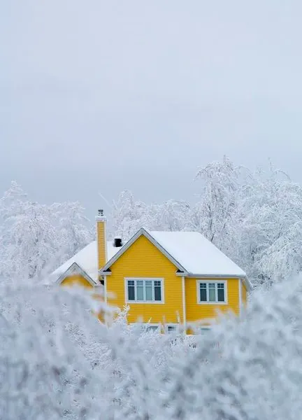 Snowy Yellow House, photographic, minimal, high-contrast