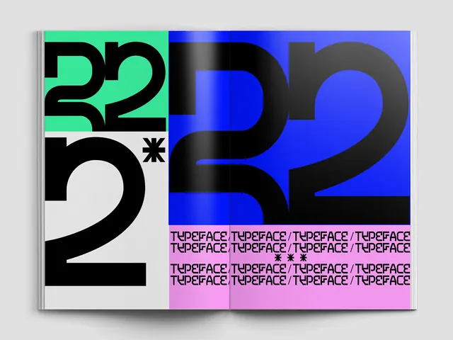 Modernist type specimen with split-color treatment, editorial, geometric, vibrant