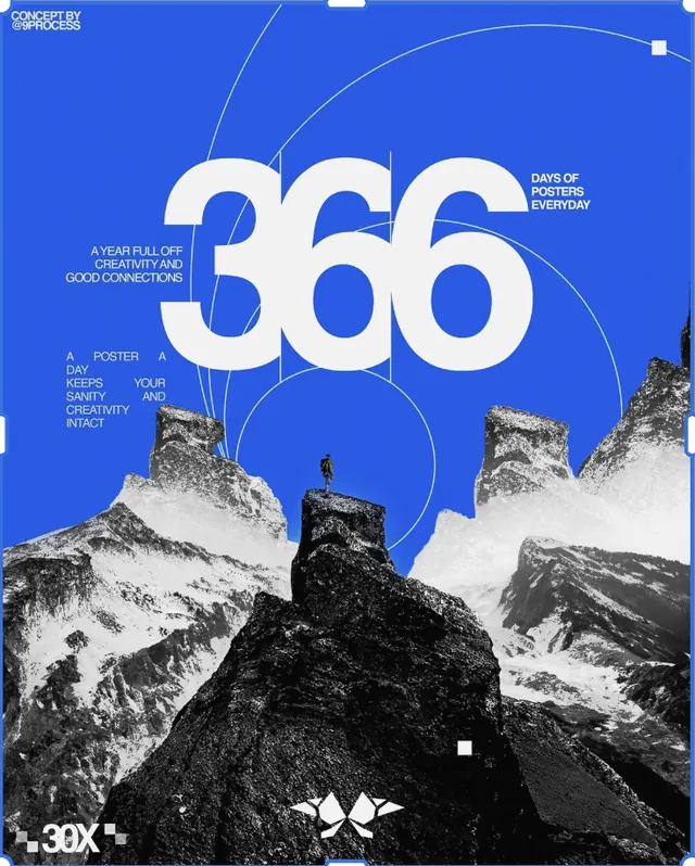 Large-number magazine cover over snowy peaks, minimal, photographic, light