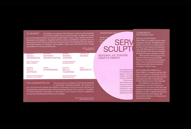Trifold brochure with magenta accent typography and academic layout, minimal, corporate-clean, light