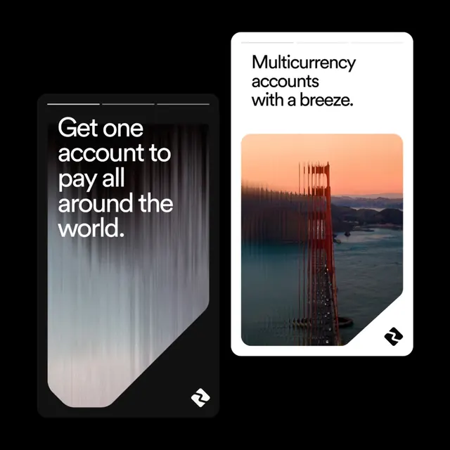 Split-card fintech pitch with gradient and bridge imagery, minimal, gradient-heavy, dark